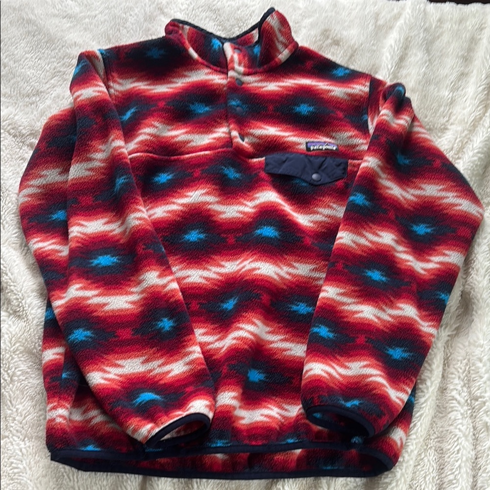Patagonia Red and Blue Zip Up Jacket with Geometric Design
